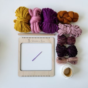 Beginners Weaving Kit in Autumn Whimsy - Frame Loom, Fibre Pack, Warp, Hanger and Tapestry Needle - DIY Woven Wall Hanging Pack