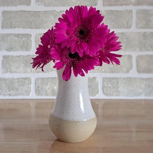 May include: A small white and tan ceramic vase holding a bouquet of vibrant magenta gerbera daisies. The vase sits on a wooden surface against a light grey brick wall.