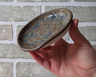 Pottery spoon rest | sating brown dragon egg swirl, blue details | Handmade ceramic spoon rest