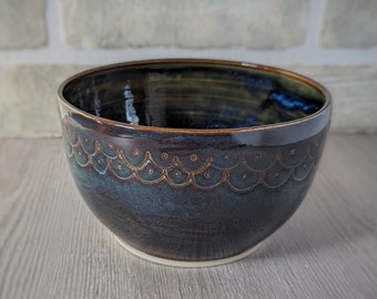 Pottery Bowl | Galaxy blue glaze | Carved fish scale details | Handmade ceramic bowl