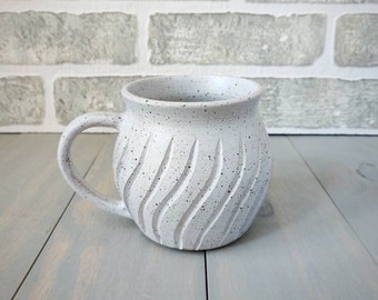 Pottery mug | Carved white speckle mug | Beige speckle clay | Belly mug | Handmade ceramic mug
