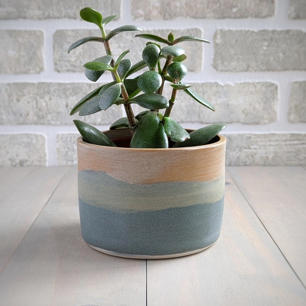Pottery Planter | Matte beige and blue | Handmade ceramic cache pot