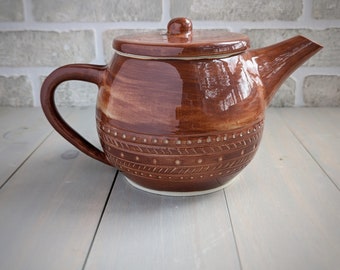 Pottery teapot | Large teapot | Brown with carved details | Handmade ceramic teapot