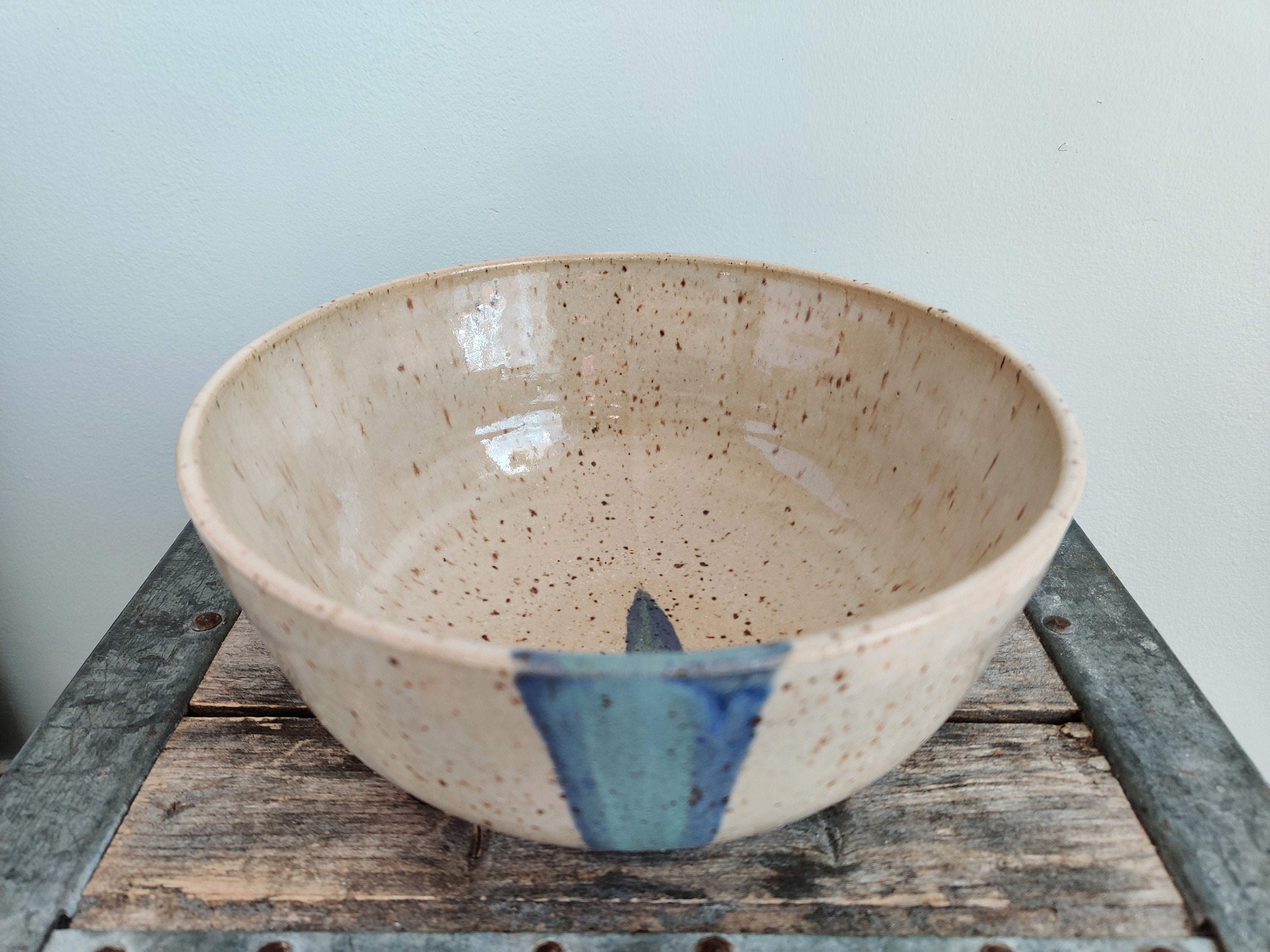 Pottery Bowl Speckled beige with blue stripe Serving bowl Etsy