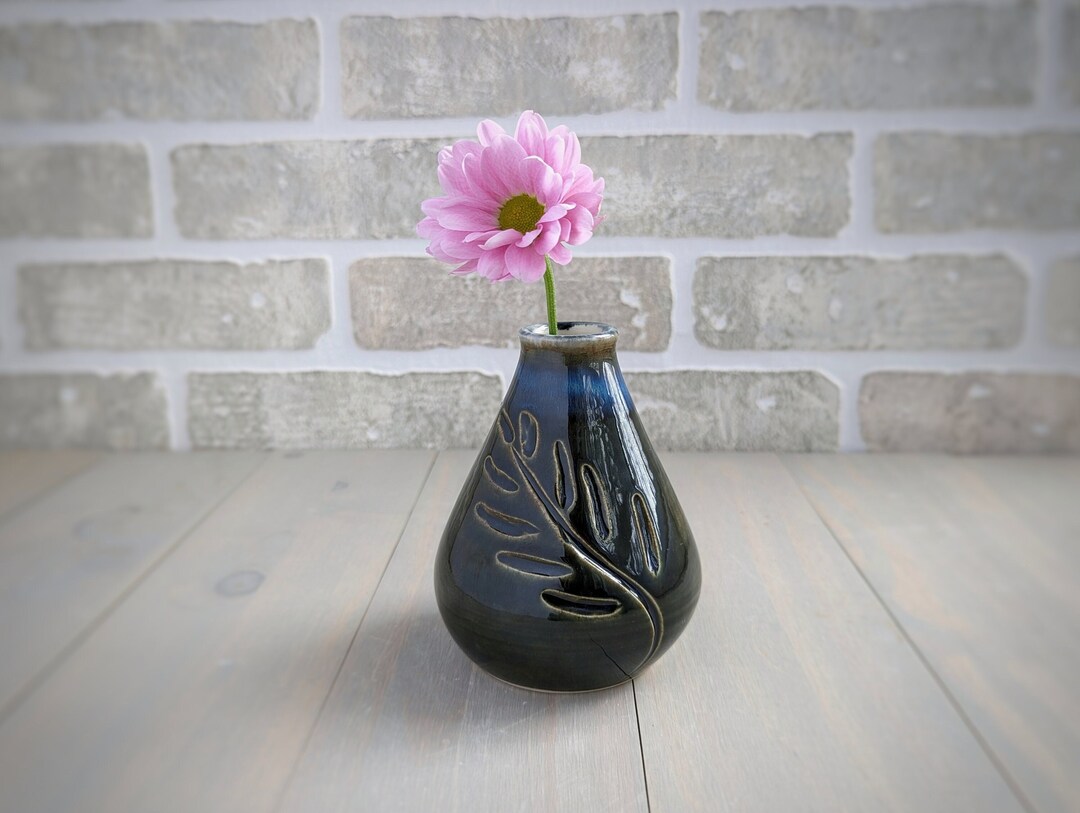 Pottery Bud Vase | Green and Blue | Carved Leaf Design | Handmade ...