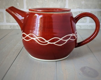 Pottery teapot| Red with white squiggles | Handmade ceramic teapot