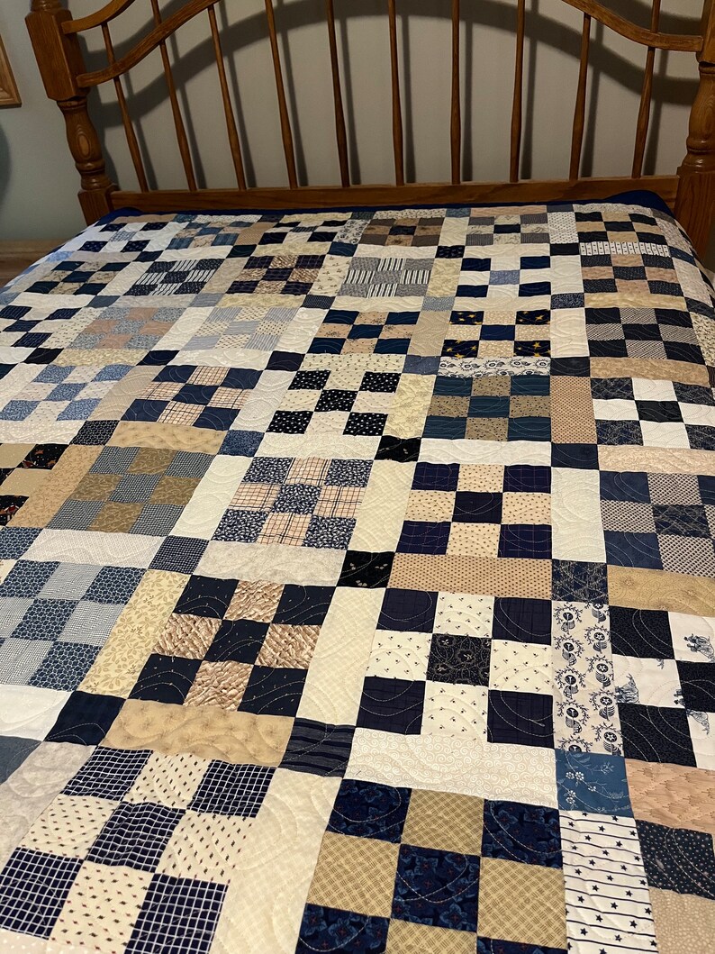 Blue and Cream 9-patch Quilt Set With Cream Sashing in Between the ...