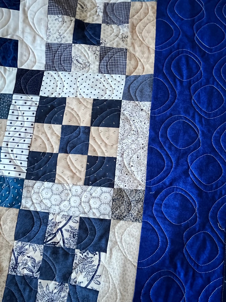 Blue and Cream 9-patch Quilt Set With Cream Sashing in Between the ...