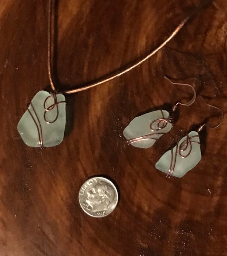 Unique 3 Piece Set Aqua Beach Glass Earnings and Necklace Set