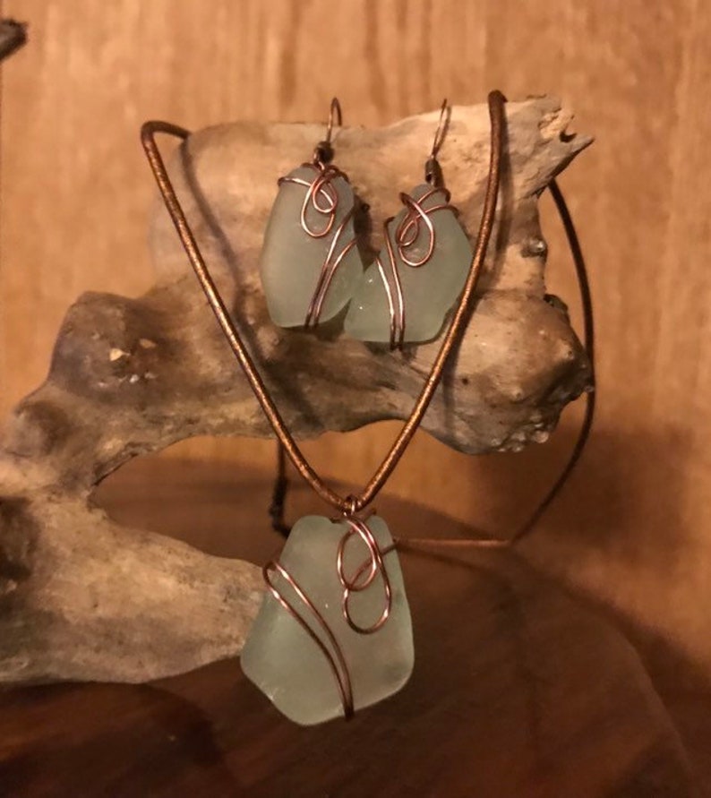 Unique 3 Piece Set Aqua Beach Glass Earnings and Necklace Set