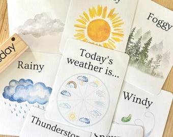May include: A set of white educational cards featuring watercolor illustrations of weather conditions including Cloudy, Sunny, Foggy, Rainy, Windy, Thunderstorm, and Snowy, with a central card labeled Today's weather is... and a circular weather wheel.