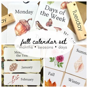 Peut inclure: Un ensemble de calendrier complet comprenant des cartes blanches et des blocs en bois clair imprimés avec les jours de la semaine, les mois de l'année et les saisons. Les cartes présentent des illustrations à l'aquarelle d'oiseaux.