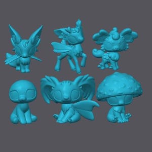 May include: A set of six light blue monochromatic figurines arranged in two rows. The top row features a fox-like creature, a deer-like creature with wings, and a fluffy creature. The bottom row includes a smooth-headed figure, a winged creature, and a mushroom-capped figure.