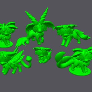 May include: A collection of six bright green, small, stylized creature figurines. Each figure features large eyes, pointed ears, and distinct tails or wings, arranged in a group. The figures are rendered in a solid, uniform green color.