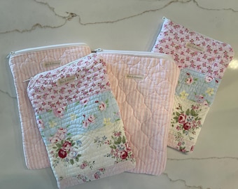 Quilted Cotton Zipper Pouch, Spa Beauty Bag, Floral Travel Bag, Handmade Organizer