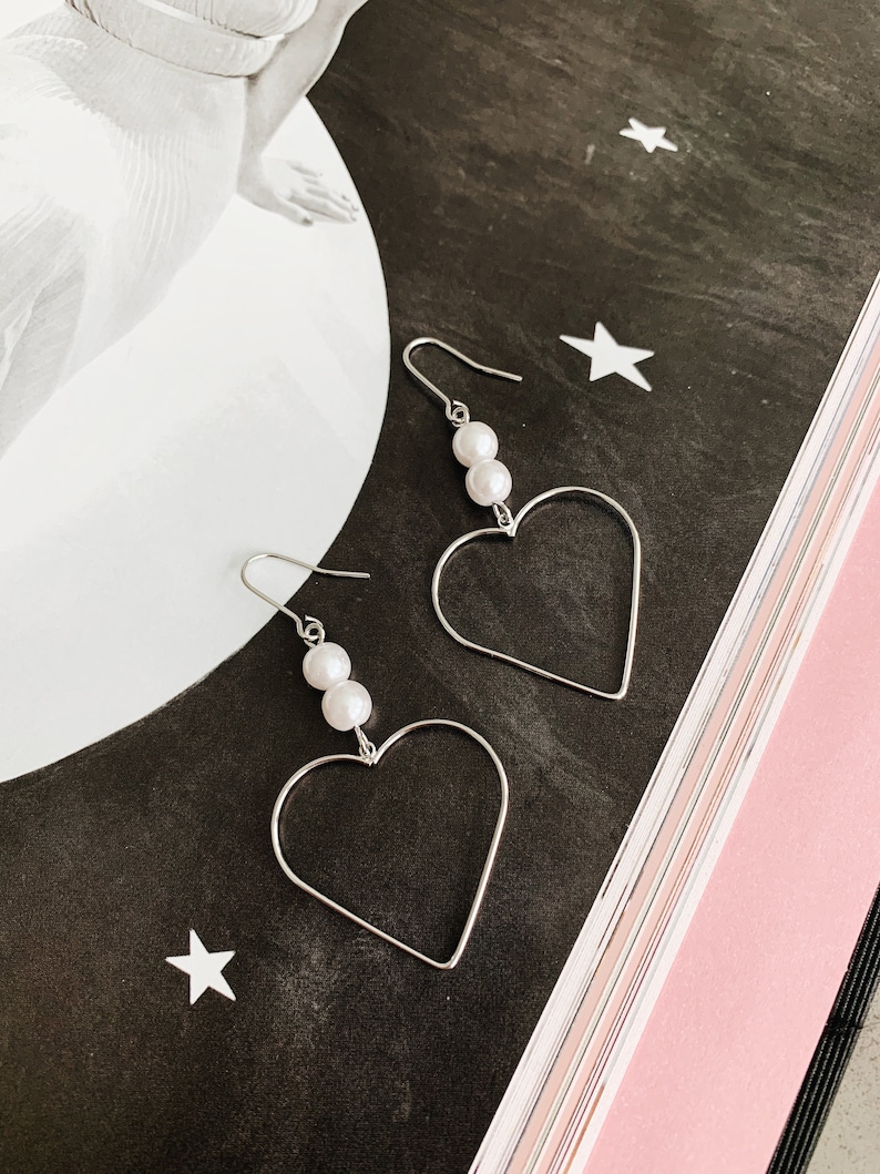 Gold Heart Earrings Heart Dangle Earrings Minimal Heart Earrings Pearl Dangle Earrings Alix Pearl Heart Earrings