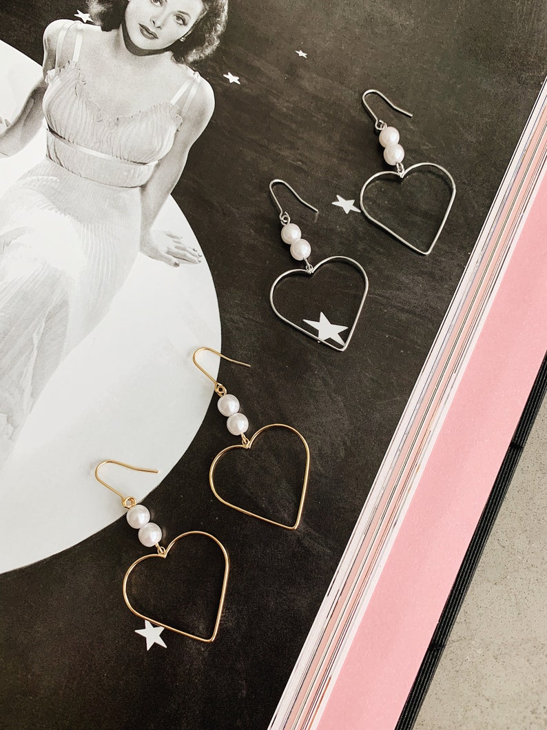 Gold Heart Earrings Heart Dangle Earrings Minimal Heart Earrings Pearl Dangle Earrings Alix Pearl Heart Earrings