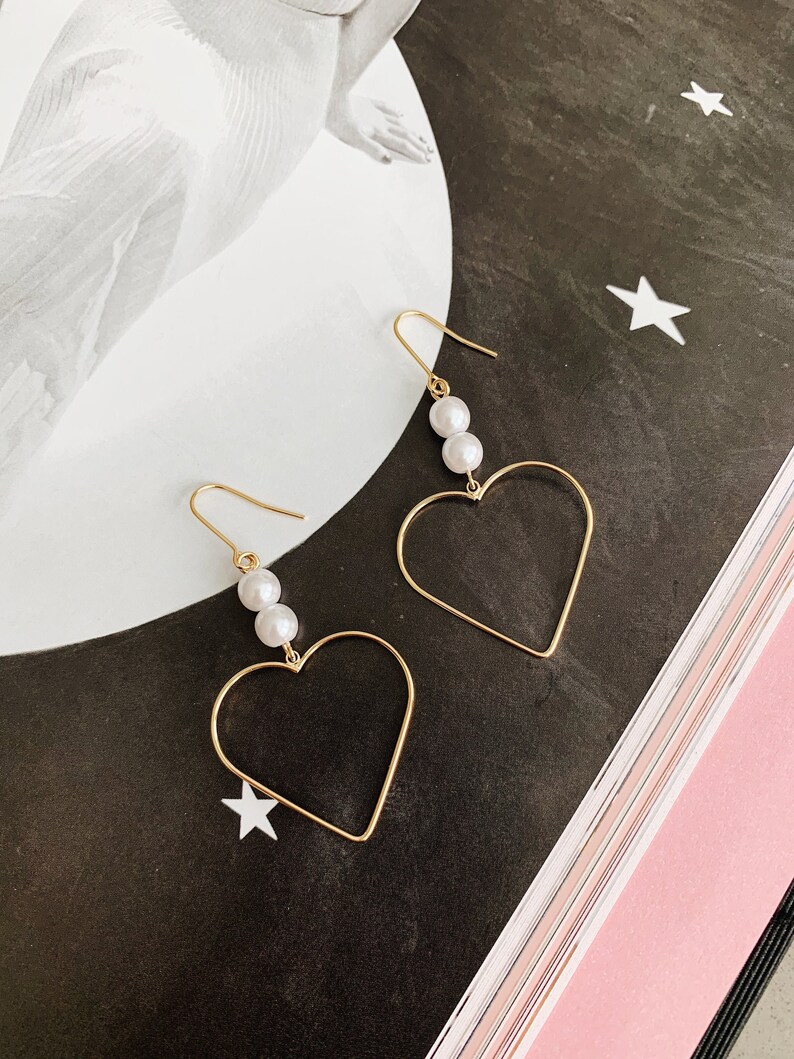 Gold Heart Earrings Heart Dangle Earrings Minimal Heart Earrings Pearl Dangle Earrings Alix Pearl Heart Earrings