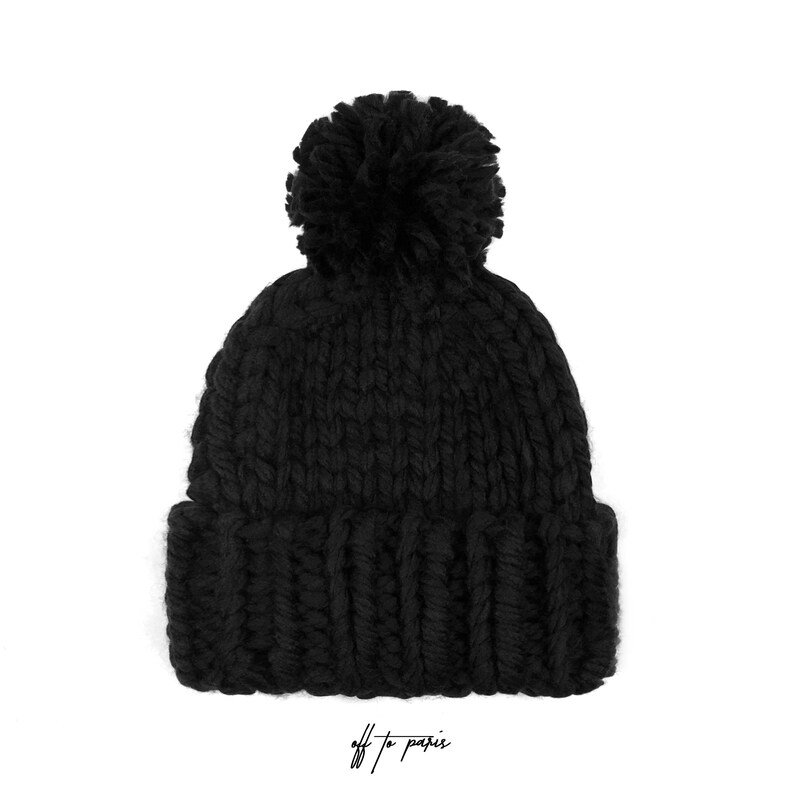 Pom Knit Black Beanie Thick Beanie Pom Pom Beanie Pom Pom Accessory Knit Beanie