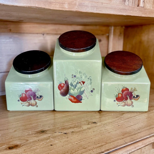 Hyalyn Green Canisters with Vegetable Design and Wood Lids - Set of 3