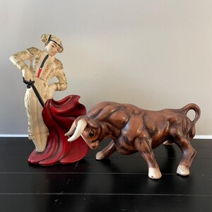 Spanish Matador/Bullfighter and Bull, Vintage 1960&#39;s Treasure Craft Ceramic Figurines - Set of 2