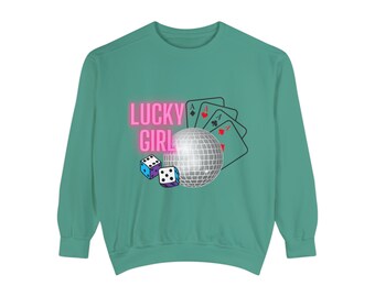 Lucky Girl Crewneck Sweatshirt, relaxed fit sweatshirt, Saint Patrick’s Day top, Saint Patrick’s day Crewneck, Green women’s sweater, unisex