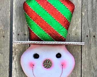 May include: A snowman decoration with a red and green glitter top hat. The snowman has black eyes, rosy cheeks, and a spiral candy nose. A white brim with red and green accents is below the hat.