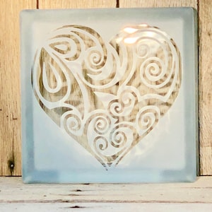Heart Etched Glass Block, Filligree Heart, Etched Glass Block, Dorm Decor, Housewarming Gift, Home Decor, Decorative Glass Block,Night Light