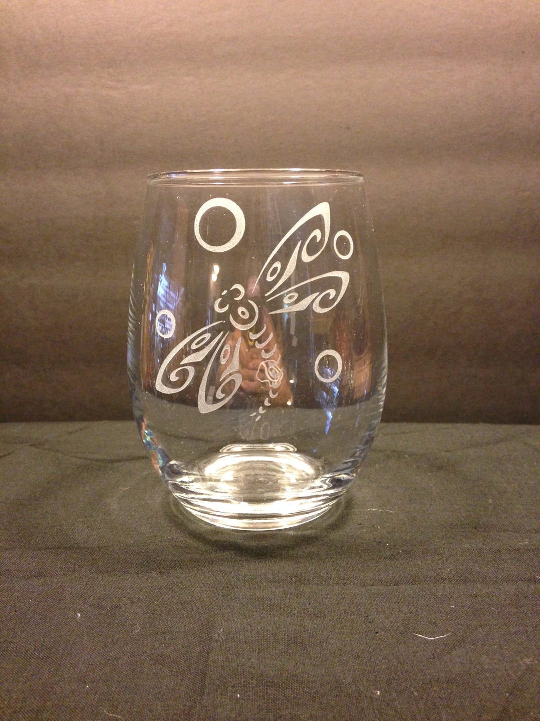 Etched Stemless Dragonfly Wine Glass Etsy