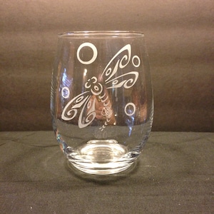 Etched Stemless Dragonfly Wine Glass