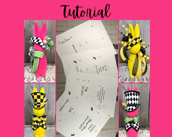 May include: A tutorial for making flocked bunny finery. The image shows four different bunny decorations, each with a different hat and bow. The tutorial includes instructions for making a top hat, a bonnet brim, and a bunny vest. The text in the image reads "Flocked Bunny Finery Tutorial", "Top Hat", "Bonnet Brim", "Bunny Vest", "Fell", "Place on Fold", "Feature", "Place on Fold", "Fell", "Place on Fold", "Feature", "Bunny Vest", "Join at seams".