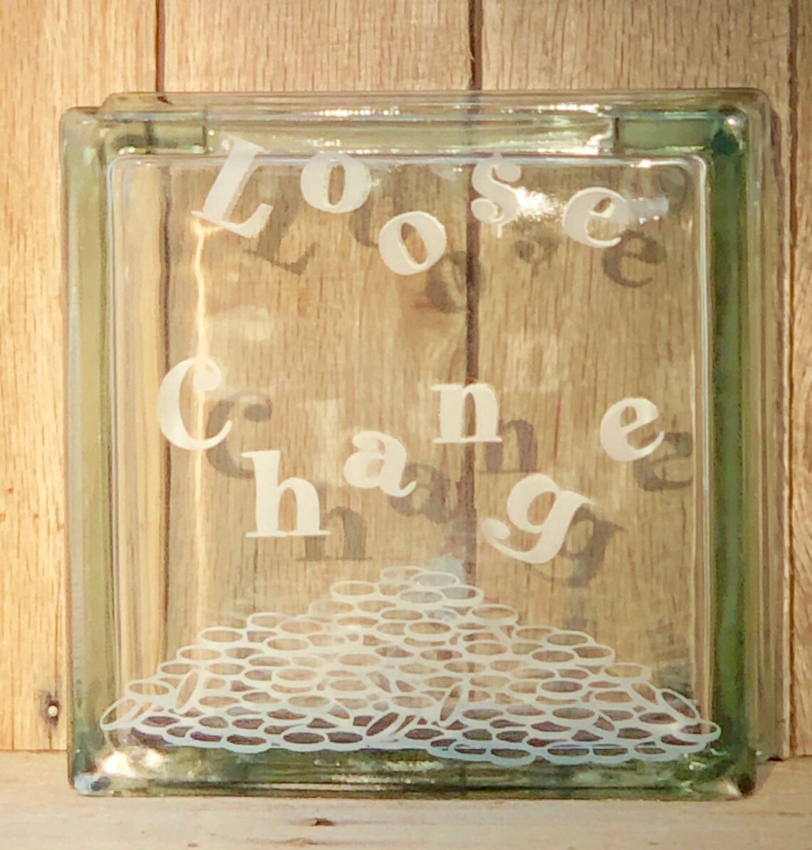 Loose Change Glass Block, Glass Block Bank, Etched Glass Block, Dorm