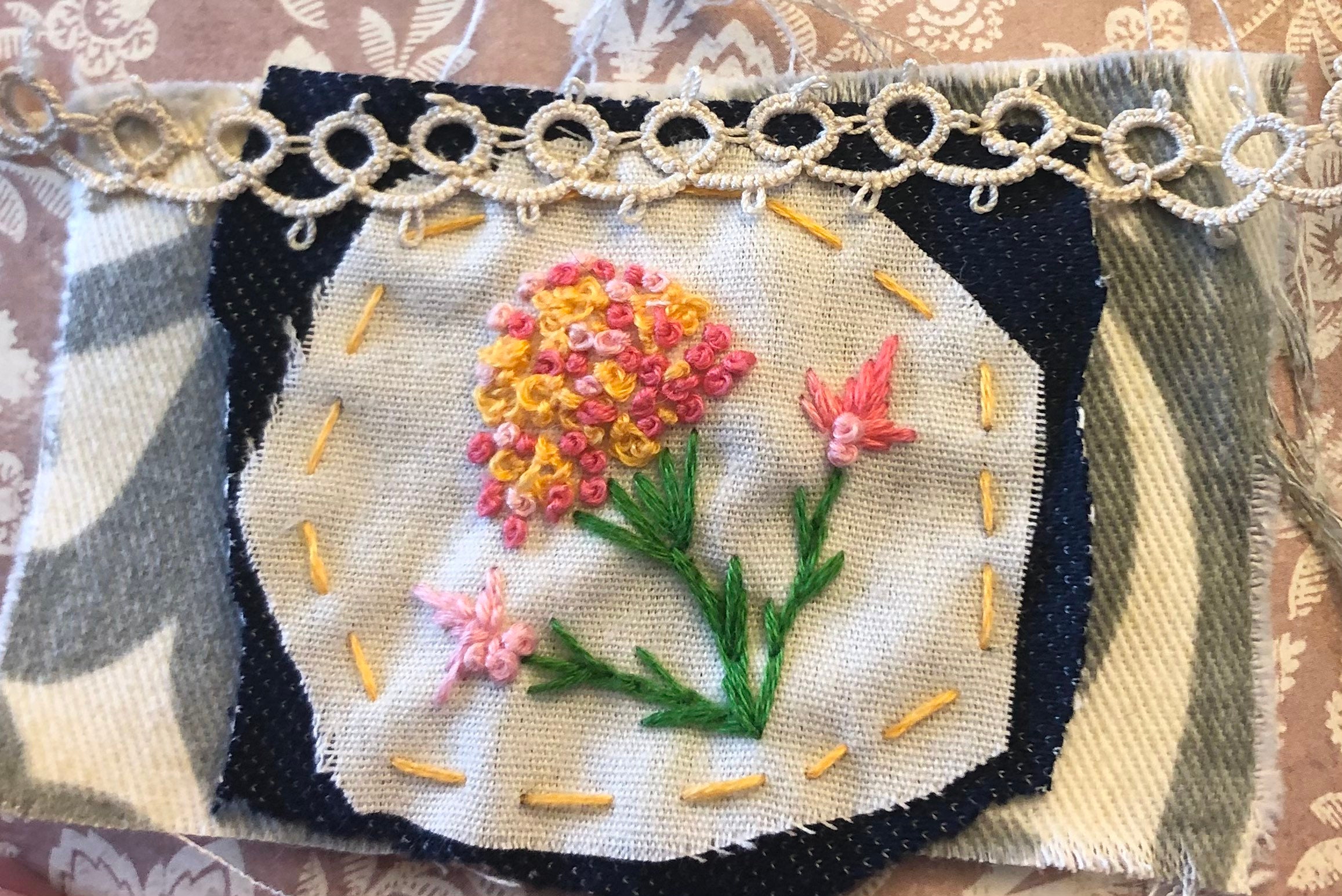 3 Fabric Scrap Embellishments with Slow Stitched Flowers and Etsy