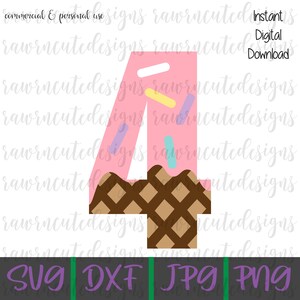 May include: Pink number four shaped like an ice cream cone with sprinkles and a waffle cone bottom.  SVG, DXF, JPG, and PNG file formats are listed below the image.