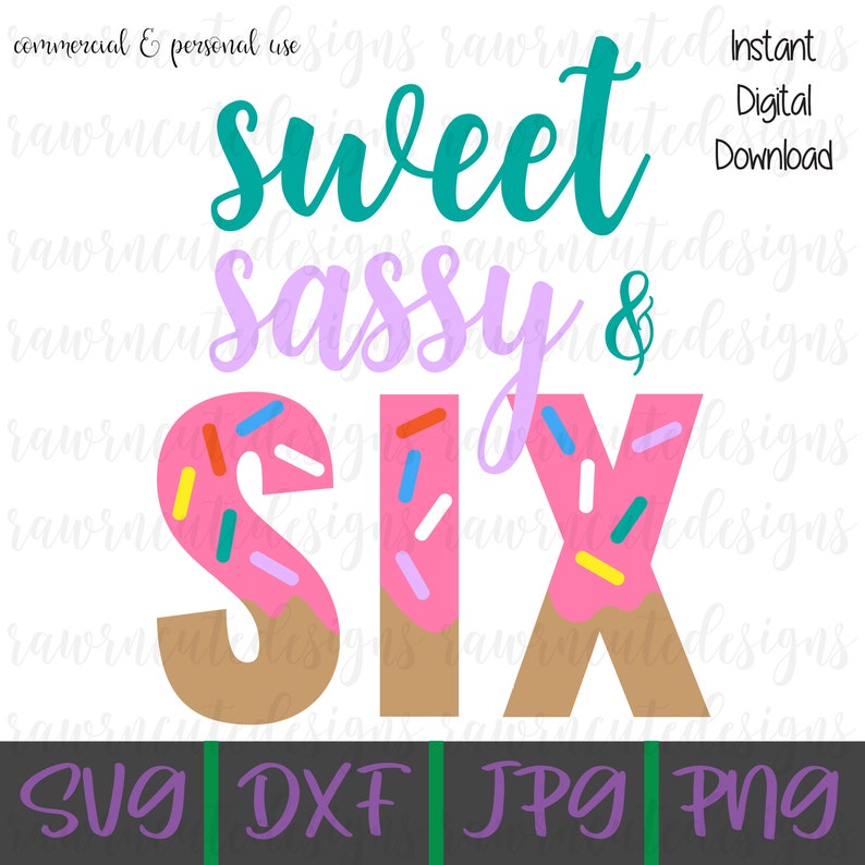 May include: A digital download of a graphic design featuring the text "Sweet Sassy & Six" in a pink, purple, teal, and brown color scheme. The number six is decorated with pink frosting and colorful sprinkles.