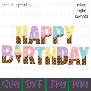 Peut inclure: Lettres Happy Birthday sur le th&egrave;me du cornet de glace avec des p&eacute;pites et une texture de gaufre. Les lettres sont en rose, violet, bleu et jaune.
