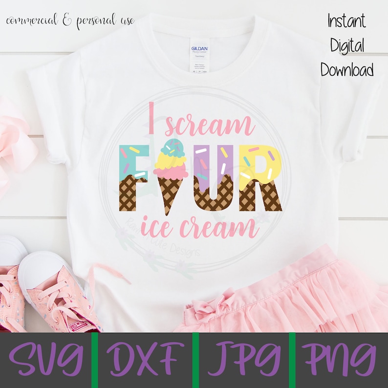 May include: A white t-shirt with a pink, yellow, blue, and purple ice cream cone graphic with the text "I scream four ice cream".