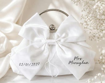 Personalised Mrs Bow Clutch Bag For Bride To Be, Hen Do Bag, Satin Bow Bag, Wedding Day Bag, Honeymoon Bag, Gift For The Bride, Custom Bag