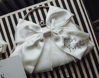 Personalised Mrs Bow Clutch Bag For Bride To Be, Hen Do Bag, Satin Bow Bag, Wedding Day Bag, Honeymoon Bag, Gift For The Bride, Custom Bag