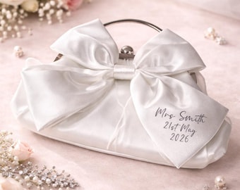 Personalised Bridal Clutch Bow Bag, Hen Do Bag, Satin Bow Bag, Wedding Day Bag, Bride To Be Bag, Honeymoon Bag, Gift For The Bride, Mrs Bag