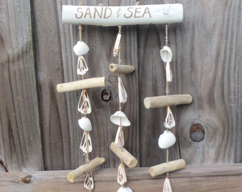 Driftwood  Sign, Sand and Sea, Driftwood Hanging, Beach, Coastal Decor, Nautical Decor, Shell Hanging Wall Decor, Housewarming Gift, Mobile