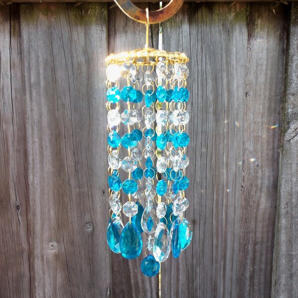 Blue Clear crystal wind chime. Chandelier-style hanging mobile. AB Coating, Outdoor garden decor accent. Porch or patio suncatcher, #811