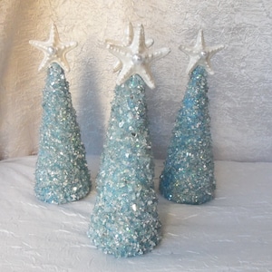 Starfish Glass Tree, LED Lights, ONE Starfish BLUE Tree, 9&quot;, Coastal, Nautical, Tropical