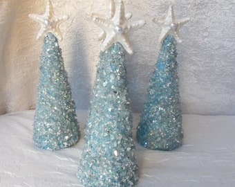 Starfish Glass Tree, LED Lights, ONE Starfish BLUE Tree, 9&quot;, Coastal, Nautical, Tropical