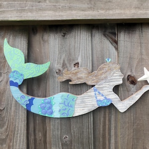 Zeemeermin, zeemeermin muurdecoratie, houten zeemeermin, grillige zeemeermin, noodlijdende zeemeermin Zeester zeemeermin, metaal en hout, metalen zeemeermin