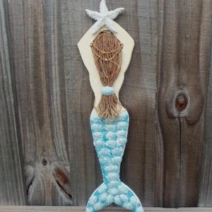 Zeemeermin, zeemeermindecor, muurdecoratie zeemeermin, schelp zeemeermin, zeester zeemeermin, houten zeemeermin, wanddecoratie zeemeermin