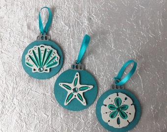 3 Ornaments, Starfish Ornament, Shell Ornament, Sand Dollar Ornament, Coastal Decor, Nautical Ornament, Christmas Ornament, Blue