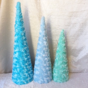 Cone Trees, Set of 3, Fur Cone Trees,  Rosebud Swirls, Pastel Turquoise, Blue and  Green, Easter Trees
