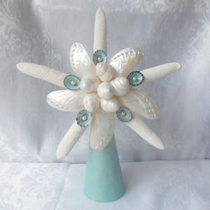 May include: A decorative seashell arrangement featuring white starfish, pearlescent shells, and small teal accents. The arrangement is mounted on a light blue cone-shaped base, creating a coastal theme.