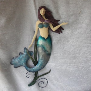 Mermaid, Metal Mermaid Wall Decor, Mermaid with Seaweed, Painted Metal Mermaid Hanging,  Large Mermaid, 23" Tall